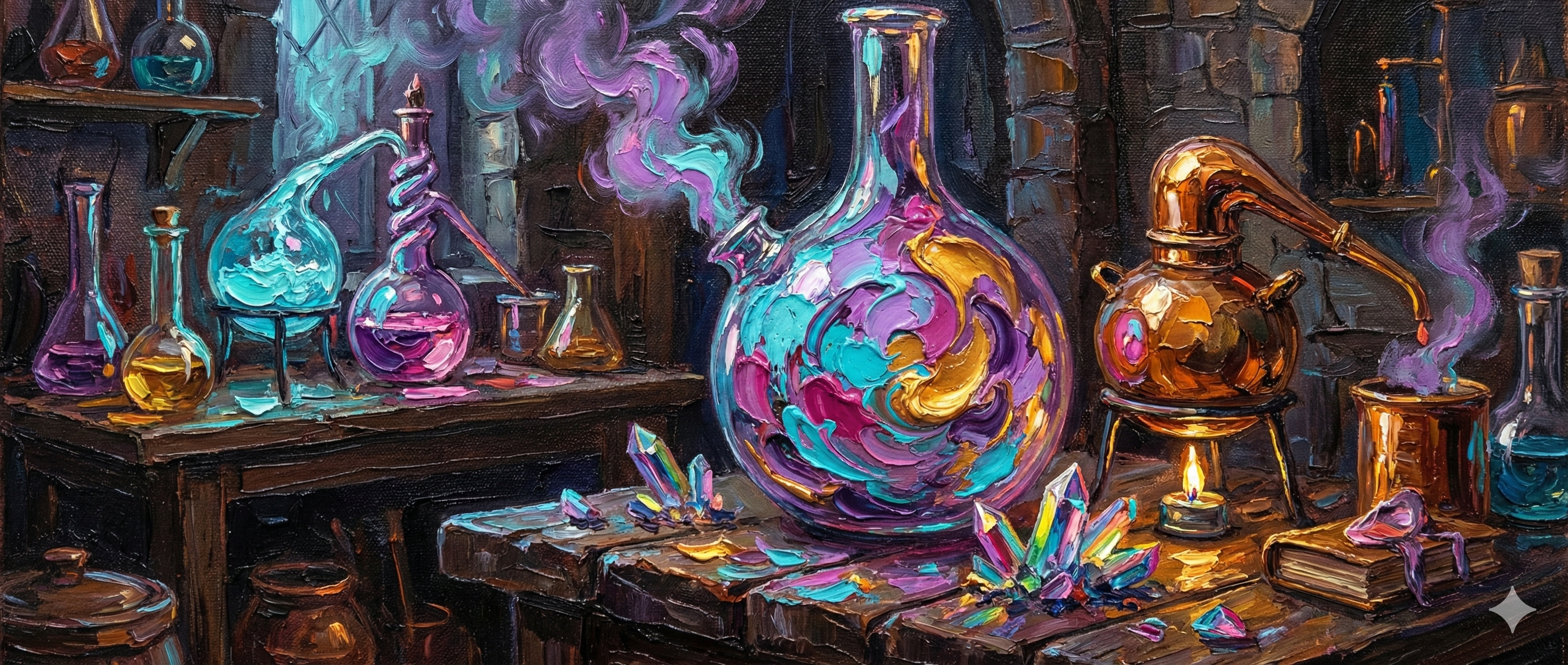 Alchemist's workshop — swirling cyan and purple essences in glass vessels, iridescent crystals, copper distillation apparatus, candlelight