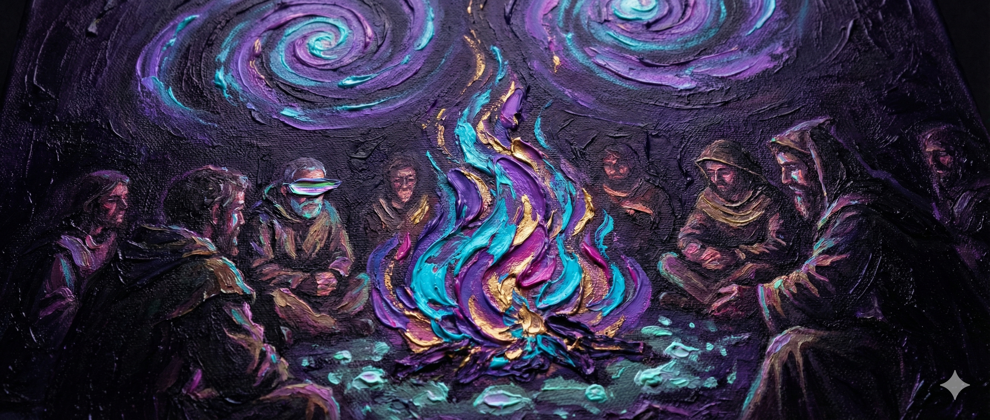 Circle of seekers around a psychedelic campfire — purple and cyan flames, Van Gogh spiral sky, the tribe gathered