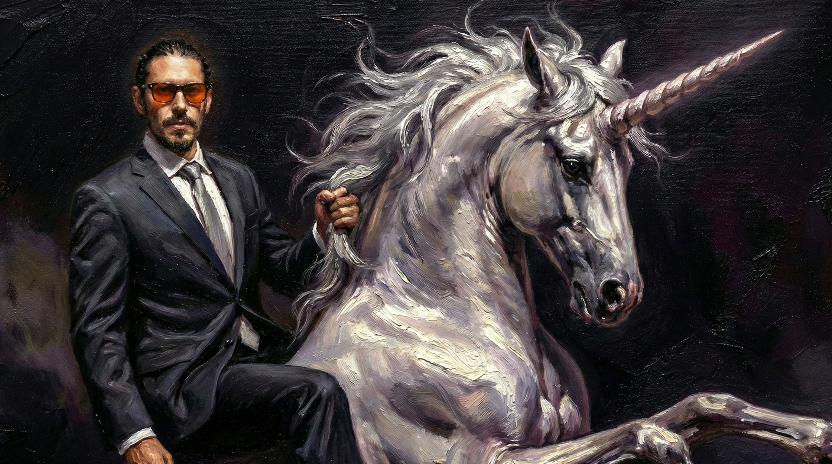 Close-up of Mason on the unicorn — iridescent mane, Caravaggio lighting