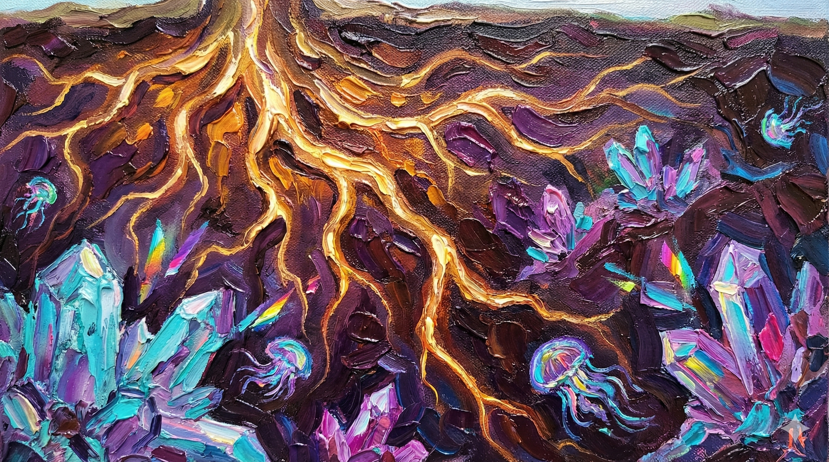 Golden root system spreading through dark earth, with iridescent crystals and psychedelic mushrooms